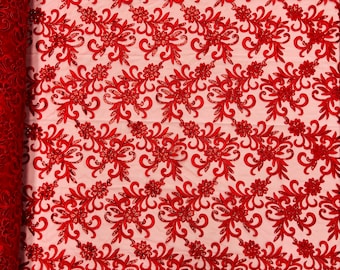Red Floral Lace Fabric, by the yard - Embroidery With Sequins on a Mesh Lace Fabric For Gown, Wedding-Bridal