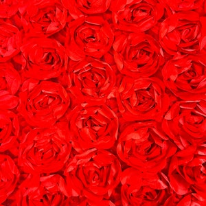 Red Rosette Fabric 3D Floral Fabric By The Yard, Peony Bouquet Fabric on Mesh, 3D Rosette Satin Fabric Wedding Decor.