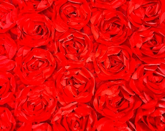 Red Rosette Fabric, 3D Satin Floral Bouquet on Mesh, Wedding Decor