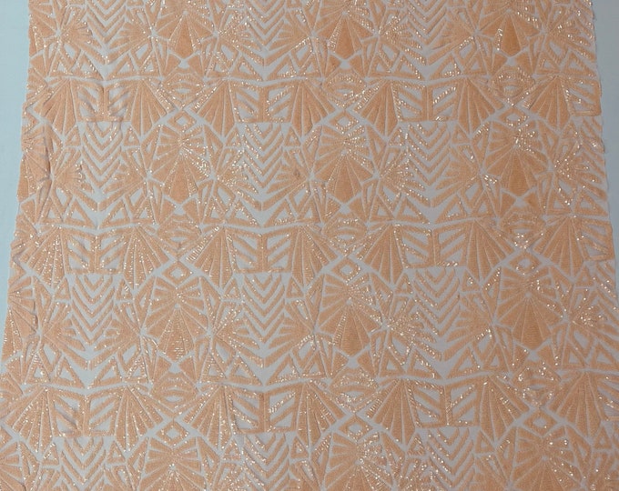 Peach - 4 Way Stretch Geometric Sequins Emily Design Shiny Fabric on Mesh for Prom Gala Gown By The Yard