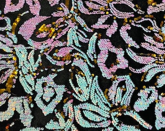 Iridescent Unicorn Sequin Floral Black Stretch Velvet Fabric By The Yard