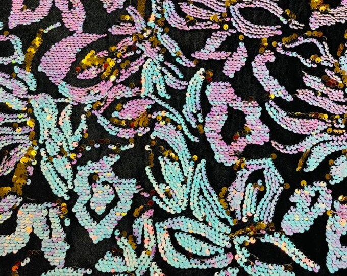 Iridescent unicorn/Gold Sequins Flip Two Tone, Floral Design on Black Stretch Velvet By The Yard