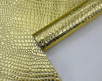 Metallic Gold Crocodile Faux Fake Leather Vinyl Fabric, Embossed Crocodile Fabric By The Yard Upholstery Purses Shoes Wallets Belts