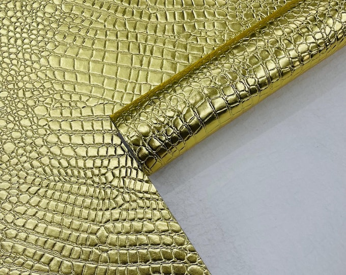 Metallic Gold Crocodile Faux Fake Leather Vinyl Fabric, Embossed Crocodile Fabric By The Yard Upholstery Purses Shoes Wallets Belts