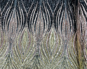 Embroidered Sequin Fabric: Black, Rose & Gold Wavy Feather Design by the yard