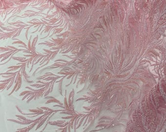 Pink Beaded Fabric by the yard, Fashion Pattern With Beads and Sequin, bridals-weddings-prom