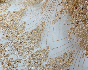 Champagne Beaded Fabric By The Yard, Luxury Geometric Design Beads and Sequins, Beaded Fabric Embroidered on a Mesh Lace,Wedding,Bridal,Dres