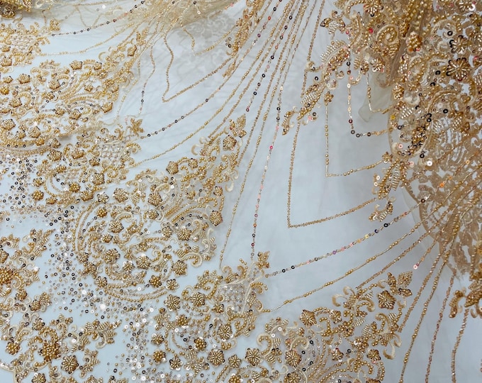 Champagne Beaded Fabric By The Yard, Luxury Geometric Design Beads and Sequins, Beaded Fabric Embroidered on a Mesh Lace,Wedding,Bridal,Dres