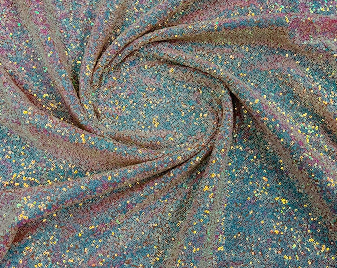 Blue/Pink Iridescent Mini Glitz Sequins on Nude Mesh 4 Way Stretch Sequin Fabric Dresses-Nightgowns-Prom Gown (Choose The Size)