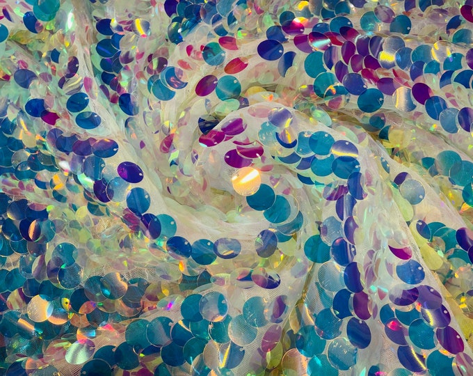Round Sequin Paillette Iridescent Clear, Tear Drop Mermaid Sequins Fabric On a Mesh (Pick a Size)