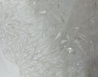 Off White Beaded Lace Fabric: Geometric Sequins, Bridal Wedding Dress