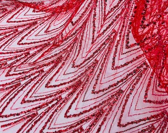 Red Fashion Design Beads and Sequins, Luxury Beaded Fabric Embroidered on a Mesh Lace,Wedding,Bridal,Dress Sold By The Yard