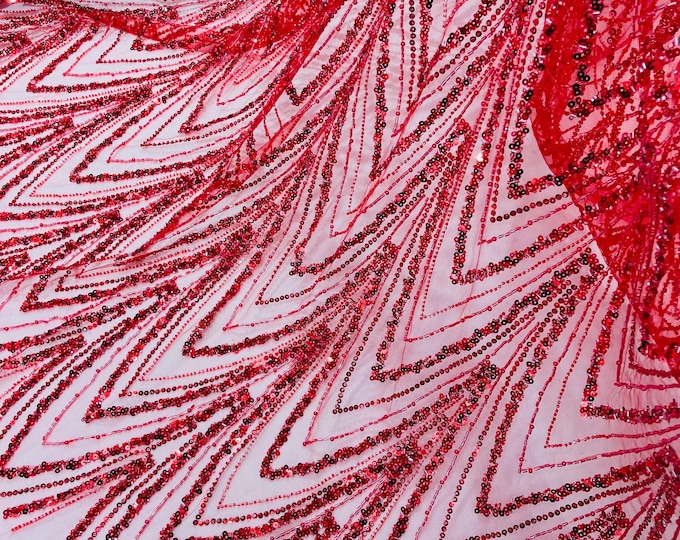 Red Fashion Design Beads and Sequins, Luxury Beaded Fabric Embroidered on a Mesh Lace,Wedding,Bridal,Dress Sold By The Yard