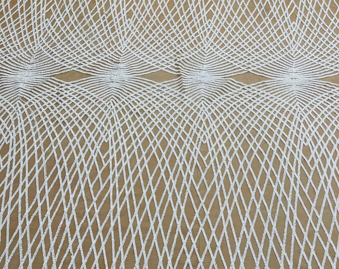White Diamond Sequin Fabric - by the yard - On Dark Nude Power Mesh 4 Way Stretch Sequins Fabric