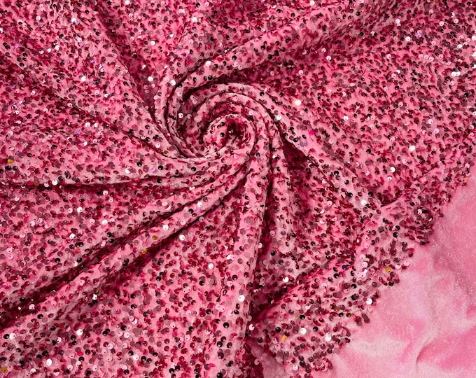 Pink Sequin Velvet Fabric | Pink on Stretch Velvet | by the yard | all Over 5mm Sequins Velvet 2-way Stretch 58/60”