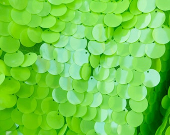 Neon Lime Green Sequin Fabric: Round & Tear Drop Mermaid Sequins