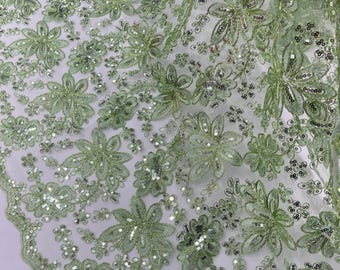 Sage Lace Fabric With Sequins, Metallic Thread Flower Embroidery by Yard