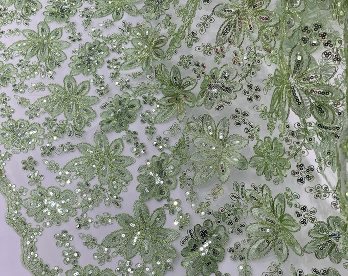Sage Lace Fabric With Sequins, Metallic Thread Flower Embroidery by Yard