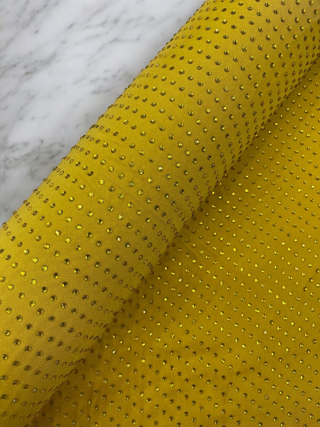 Gold Rhinestone Mustard Spandex Fabric: 4-way Stretch, Prom Dress ...