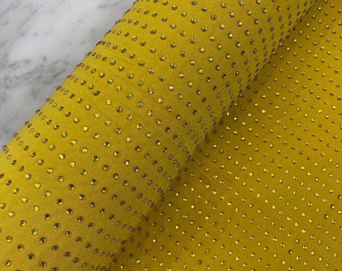 Gold Mustard Rhinestone Nylon Spandex 4 Way stretch Fabric Sold by the yard | Rhinestone Fabric on Nylon Spandex Fabric Prom-Drees