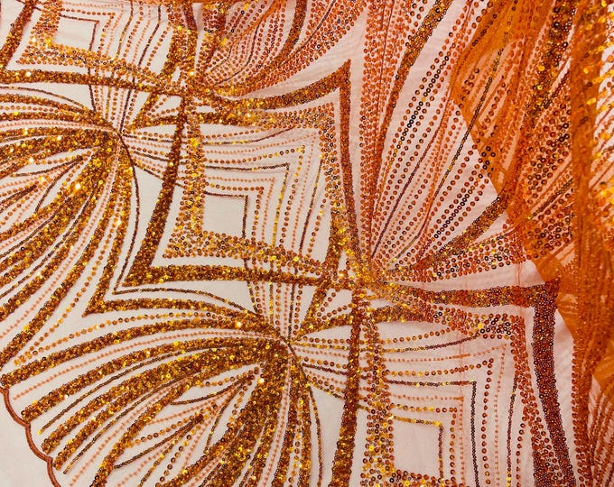 Rust Orange Beaded Lace Fabric: Embroidered Mesh, Bridal Wedding Dress - Sold By The Yard