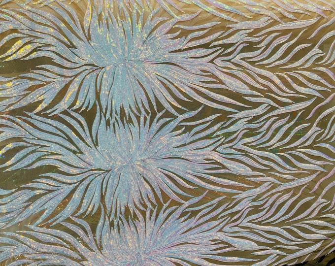 New Blue Iridescent 4 Way Stretch Phoenix Wing Sequin Spandex Mesh Fabric for Prom Gala Gown Sold By Yard