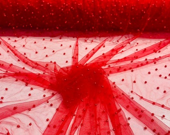 Red Beaded Pearl Lace Fabric, Bridal Wedding Dress Mesh, French Lace By The Yard