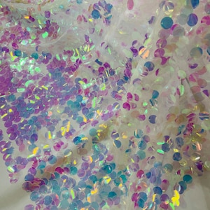 Iridescent Mermaid Scale Sequin Fabric: Pink Blue Round Paillette