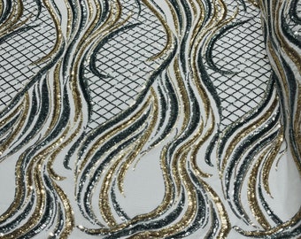 Two Tone Geometric Sequin Fabric - Silver Gold 4-Way Stretch Mesh BTY