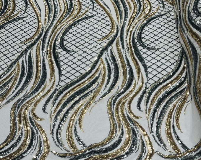 Sequins Fabric Two Tone Silver - Gold Geometric Design 4Way Stretch Sequin Fabric Silver Mesh BTY