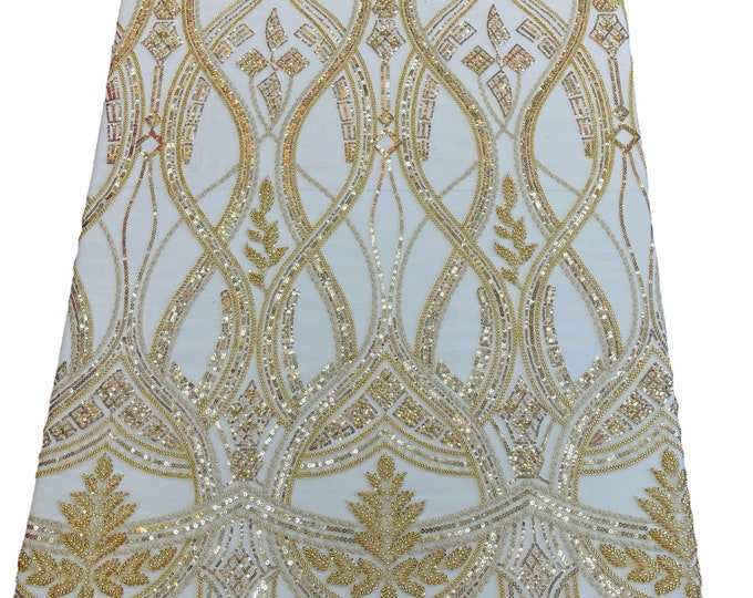 Gold Fashion Design Bead Damask Fabric, Embroidered Elegant Design With Beads and Sequins on a Mesh Sold By The Yard