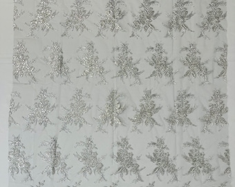 Metallic Silver Floral Lace Fabric by the yard - Embroidery With Sequins on a Mesh Lace Fabric For Gown, Wedding-Bridal