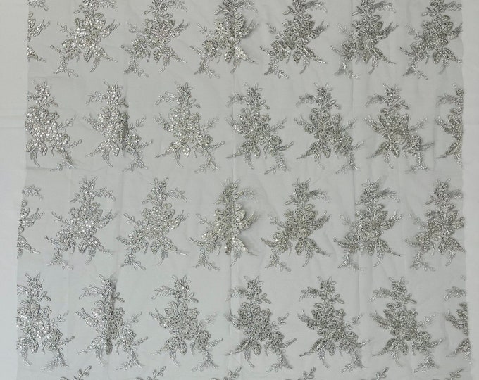 Metallic Silver Floral Lace Fabric by the yard - Embroidery With Sequins on a Mesh Lace Fabric For Gown, Wedding-Bridal
