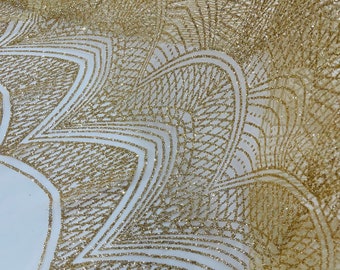 Gold Glitter on Mesh Lace Fabric By The Yard for Wedding Decor Damask Geometric Glitter Fabric  Bridal/Prom/Shimmer/Luxury Sparkle