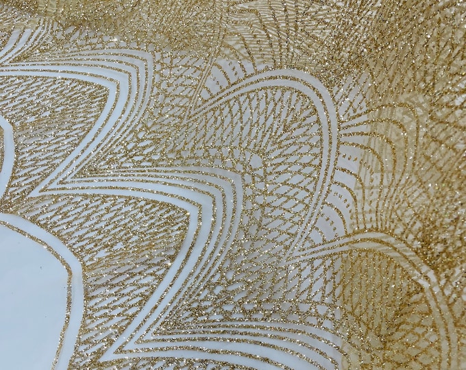 Gold Glitter on Mesh Lace Fabric By The Yard for Wedding Decor Damask Geometric Glitter Fabric  Bridal/Prom/Shimmer/Luxury Sparkle