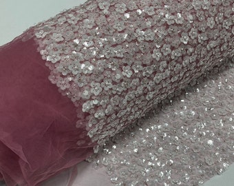 Dusty Rose Tulle Fabric, Sequin Floral Fabric with Pearls, Bridal Wedding Lace