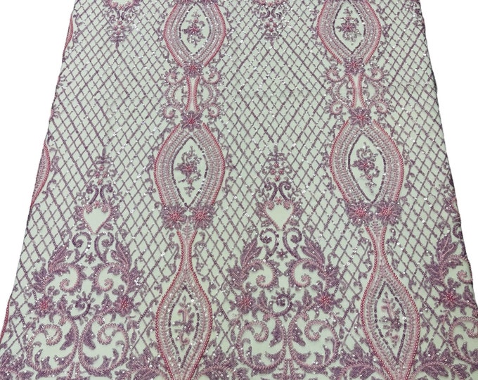 Lilac Fashion Design Bead Damask Fabric, Embroidered Geometric Design With Beads and Sequins on a Mesh Sold By The Yard