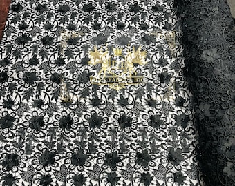 Mia Fabrics Inc, Black Guipure Lace Fabric 3D Floral-Flower With Pearl, Bridal Lace Guipure Wedding Dress by the Yard (Pick a Size)