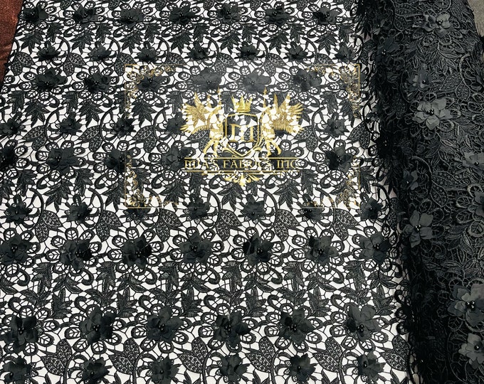 Mia Fabrics Inc, Black Guipure Lace Fabric 3D Floral-Flower With Pearl, Bridal Lace Guipure Wedding Dress by the Yard (Pick a Size)