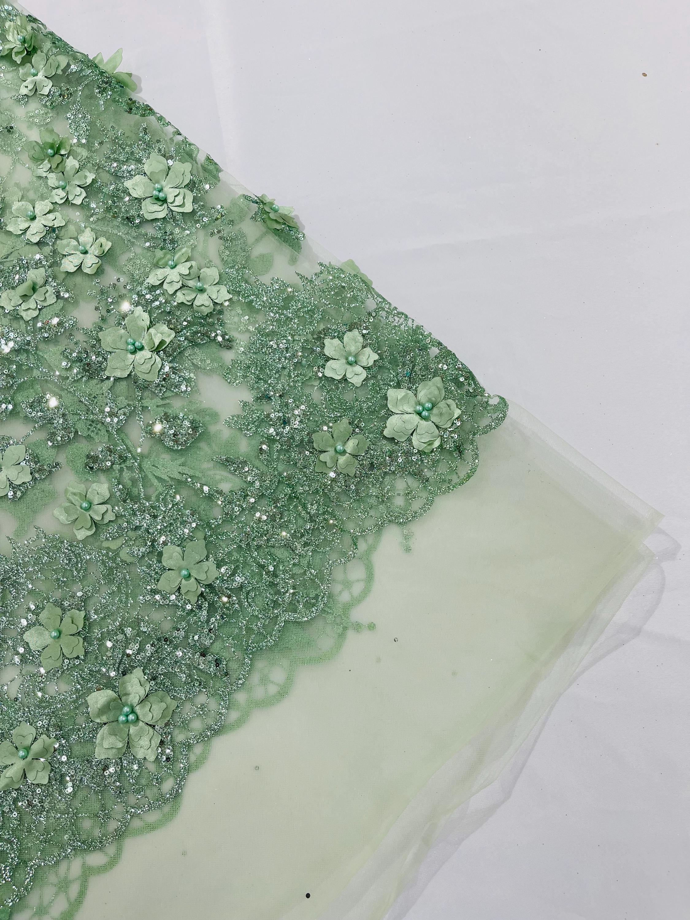 Sage 3D Floral Sequin Fabric: Glitter Tulle Lace for Wedding Dress - Etsy