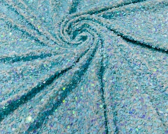 Mint Iridescent Sequin Velvet Fabric: 2-Way Stretch, 5mm Sequins