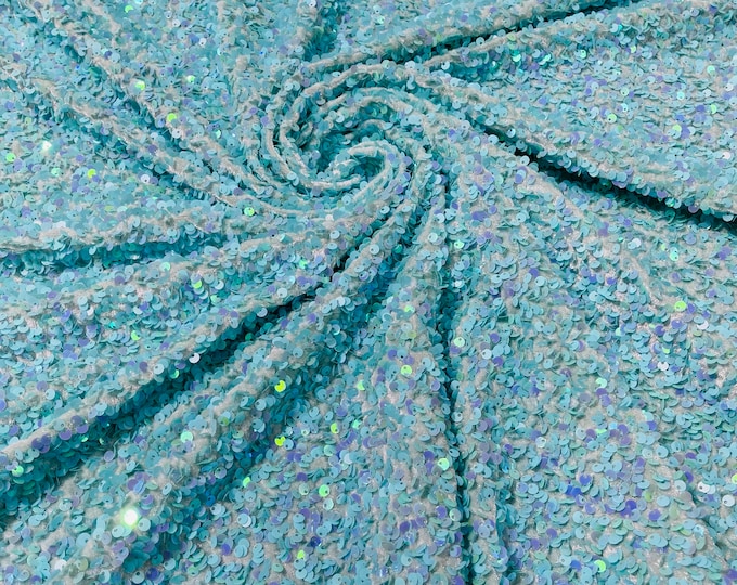 New Mint Iridescent Sequin Velvet on Mint 2 Way Stretch Velvet With Luxury Sequins all Over 5mm Shining Sequins