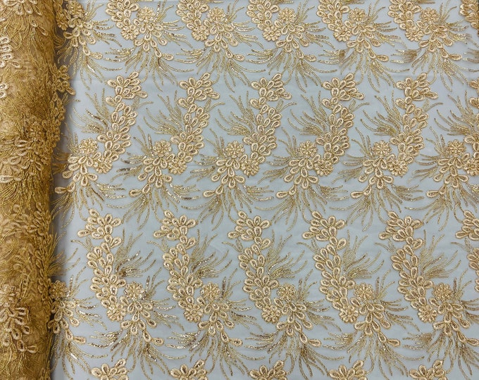 Metallic Peach Corded Floral Lace Fabric, by the yard - Embroidery With Sequins on a Mesh Lace Fabric For Gown, Wedding-Bridal