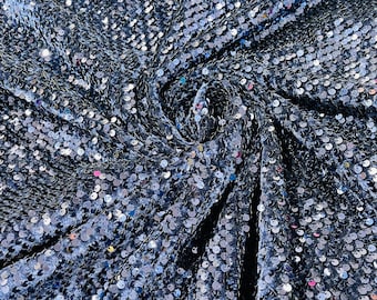 Navy Sequins Velvet Fabric: 2-Way Stretch, 5mm Sequins, 58/60" Wide