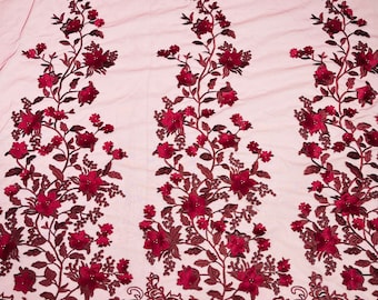 Burgundy 3D Floral Design by the yard, Embroider and Beaded With Pearls On a Mesh Lace-Prom-Dresses-Nightgown