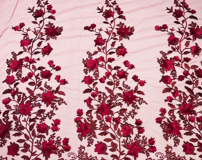 Burgundy 3D Floral Design by the yard, Embroider and Beaded With Pearls On a Mesh Lace-Prom-Dresses-Nightgown
