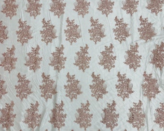 Blush Flowers With Sequins Corded Lace On Mesh Fabric By The Yard Used For -Dress-Bridal-Fashion