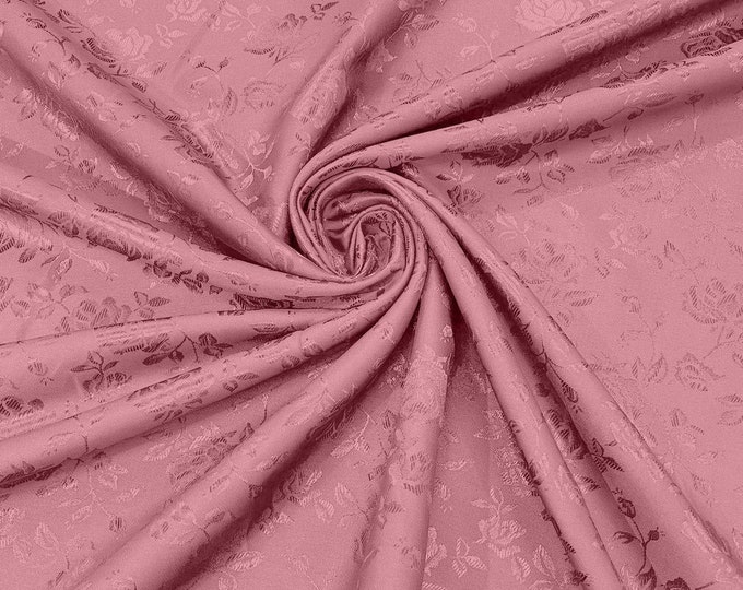 Dusty Rose Flower Brocade Jacquard Satin Fabric, Sold By The Yard Polyester Satin Floral Wide 58/60"  (Choose The Quantity)