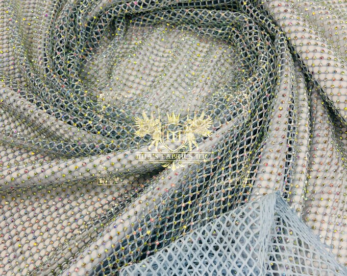 Iridescent Rhinestones Fabric On Baby Blue Stretch Net Fabric, Spandex Fish Net with Crystal Stones sold by the yard