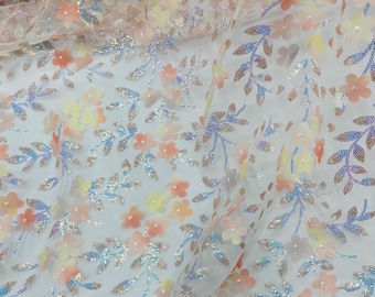 Peach Iridescent Sequin Flower Fabric, 3D Floral Mesh, Wedding Dress